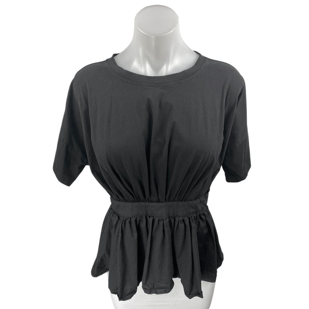 J. Brooks Women's Black Short Sleeve Ruffle Peplum Open Tie Back Blouse Top Sz M